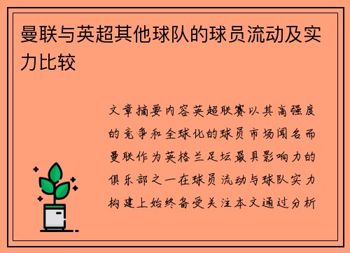 曼联与英超其他球队的球员流动及实力比较